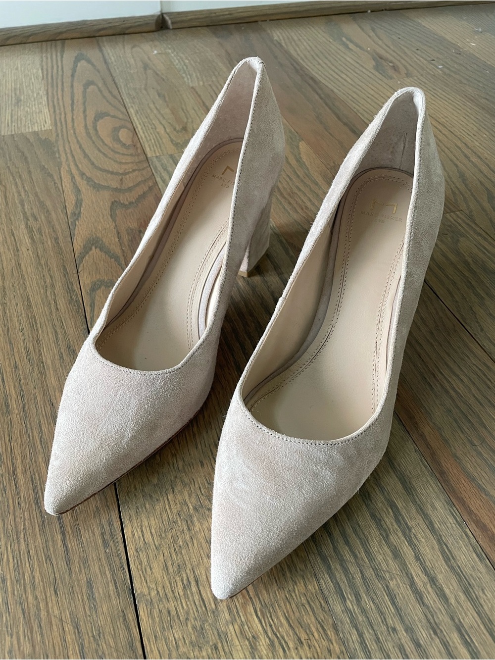 Marc Fisher Beige Suede Pointed Toe Block Heel Pumps